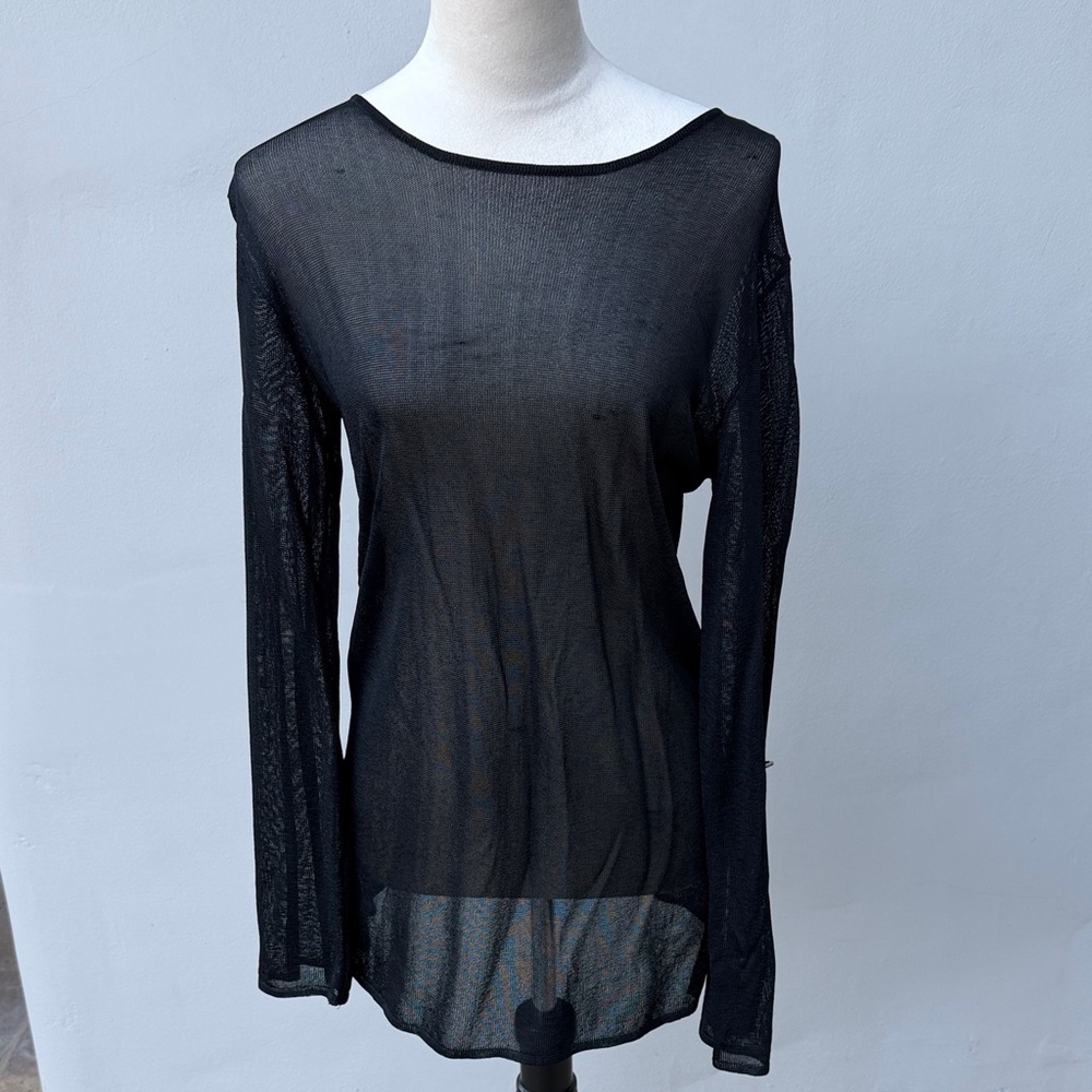 TAHARI Elegant Black Long Sleeve Sheer Knit Women's Top in Small